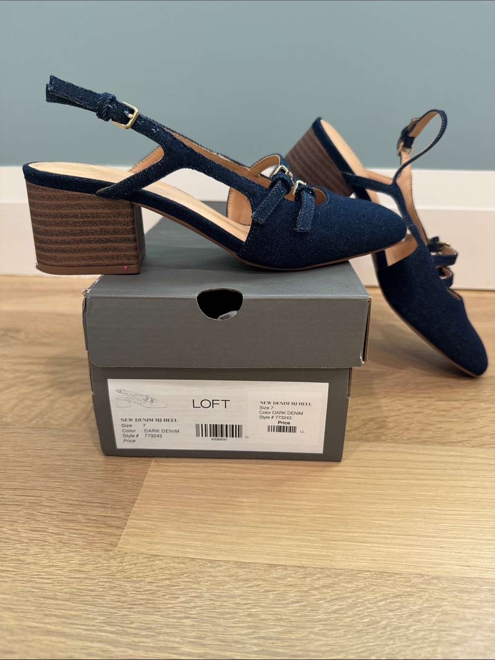 LOFT Dark Blue Denim Slingback Block MJ Heel Pumps